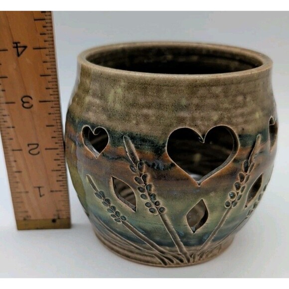 4" tall hand thrown clay pottery candle holder Green blue Brown glaze Signed - Picture 2 of 8